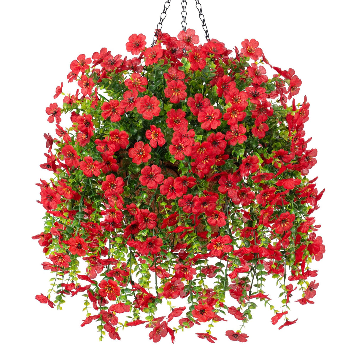 Ammyoo red daisy hanging basket for outdoor decor and seasonal freshness.