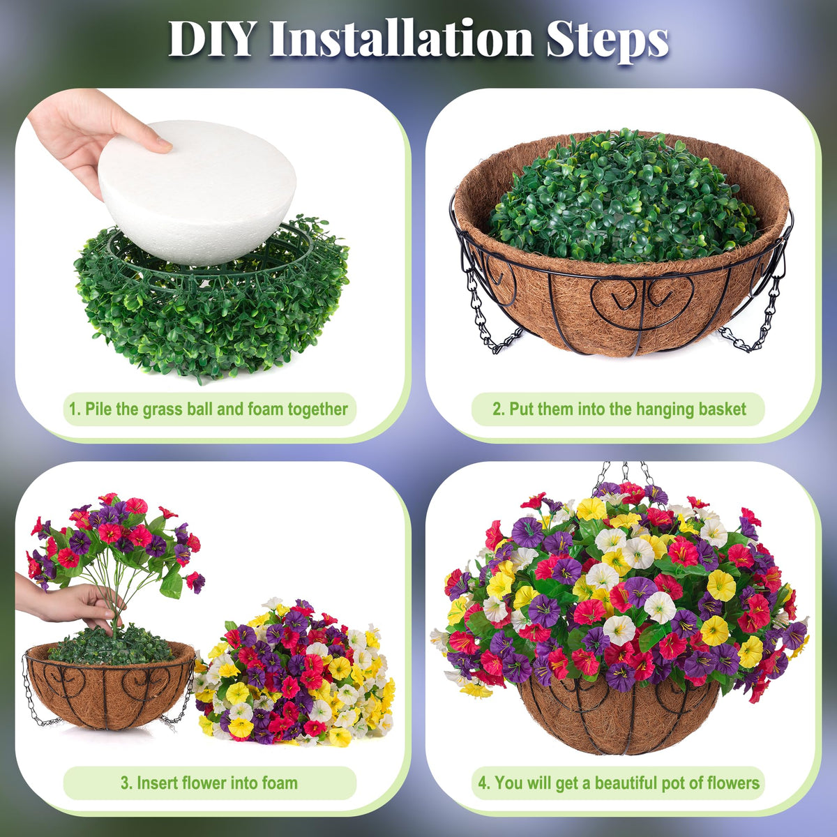 Ammyoo decorative hanging flowers brighten porches without watering or soil care.