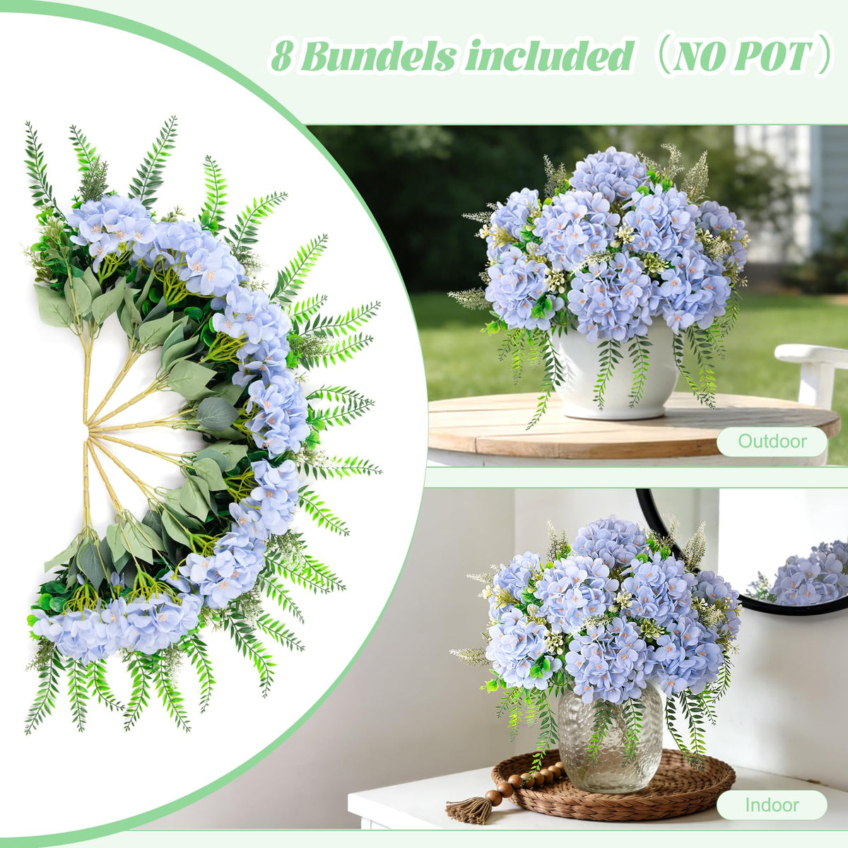 Ammyoo eight bundles hydrangea eleven point four inch, arranged for decor.
