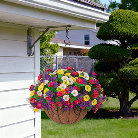 Ammyoo faux morning glory blooms with green liner enhance outdoor shade areas without maintenance.