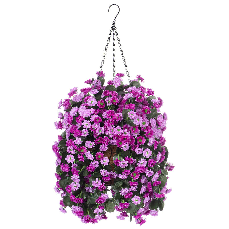 Ammyoo hanging basket artificial flowers; easy assembly for instant outdoor decor.