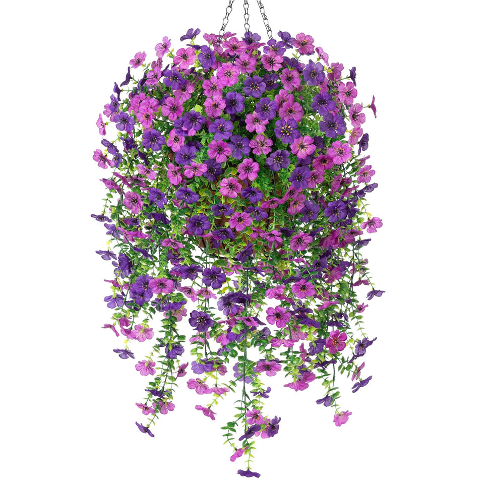 Ammyoo hanging flower basket with purple lotus daisy for outdoors and curb appeal