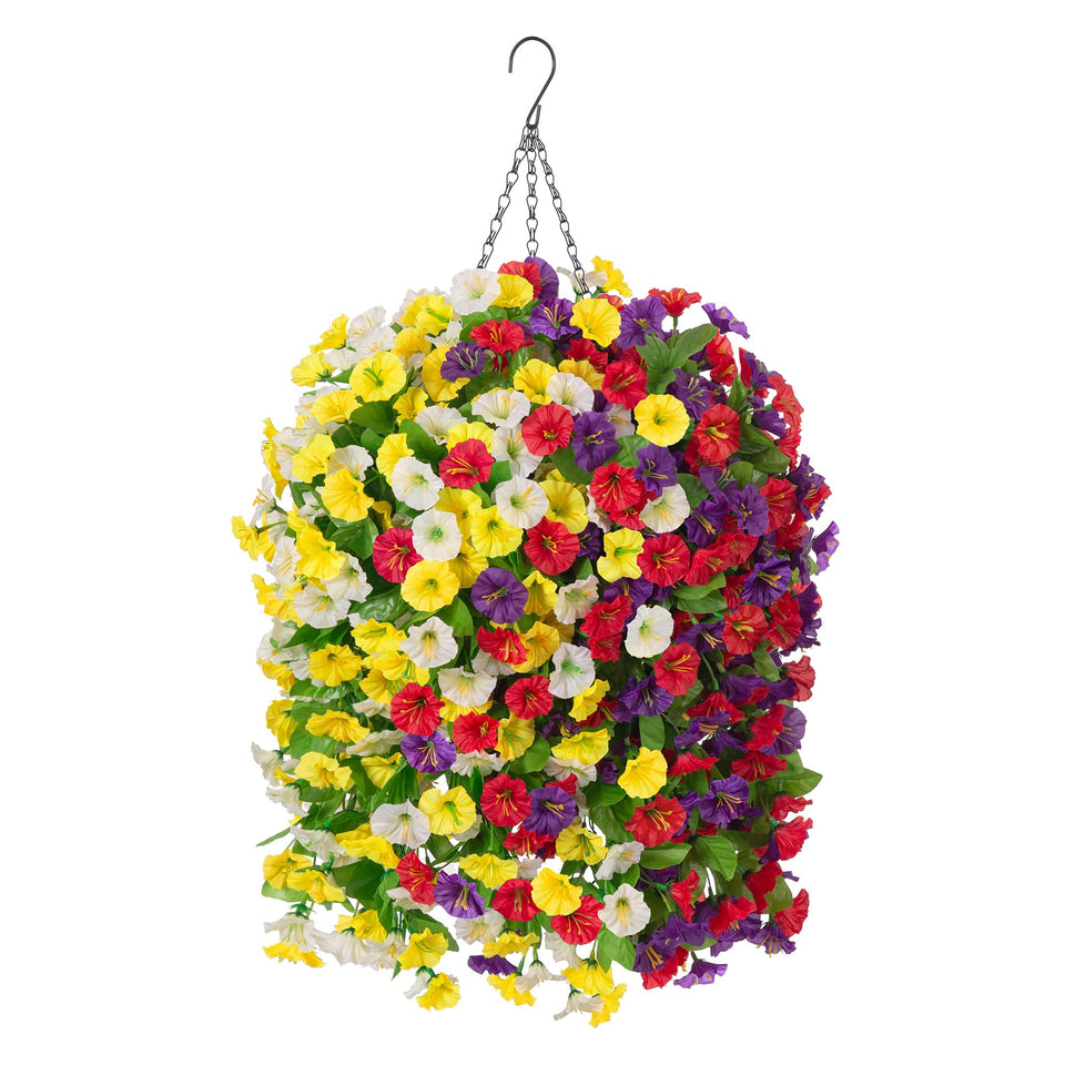 Ammyoo hanging flowers basket close-up with morning glory blooms adds vibrant color.