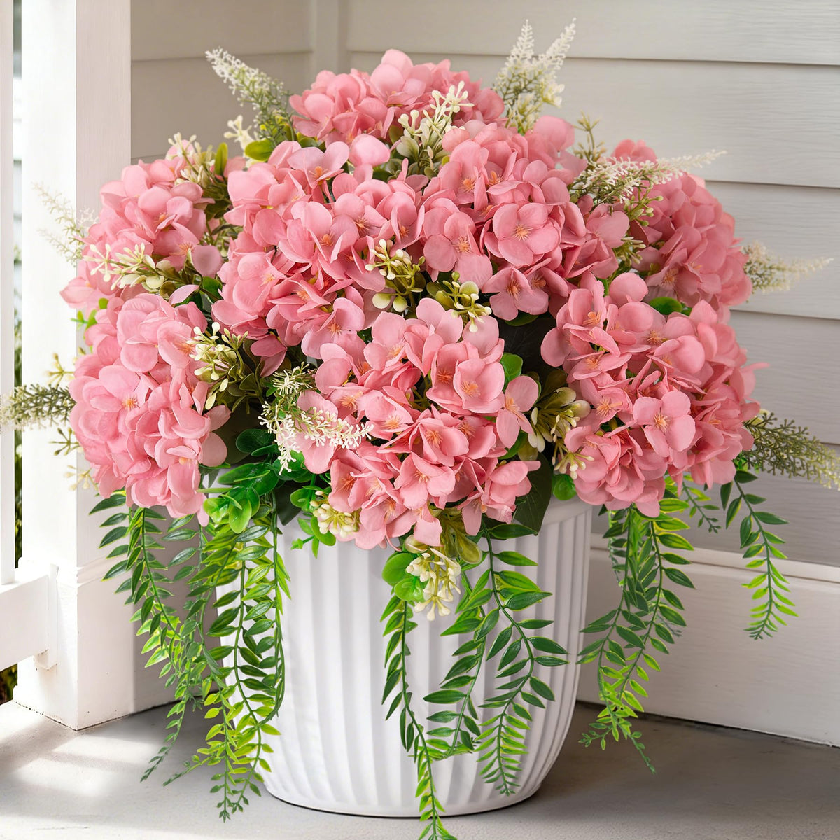 Ammyoo artificial hydrangea with lush heads for outdoor decor.