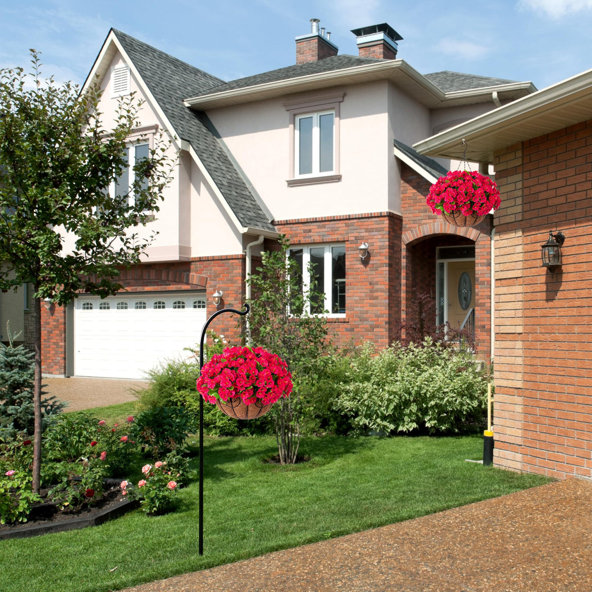 Ammyoo petunias hanging basket enhances outdoor patio decor with easy-care beauty.