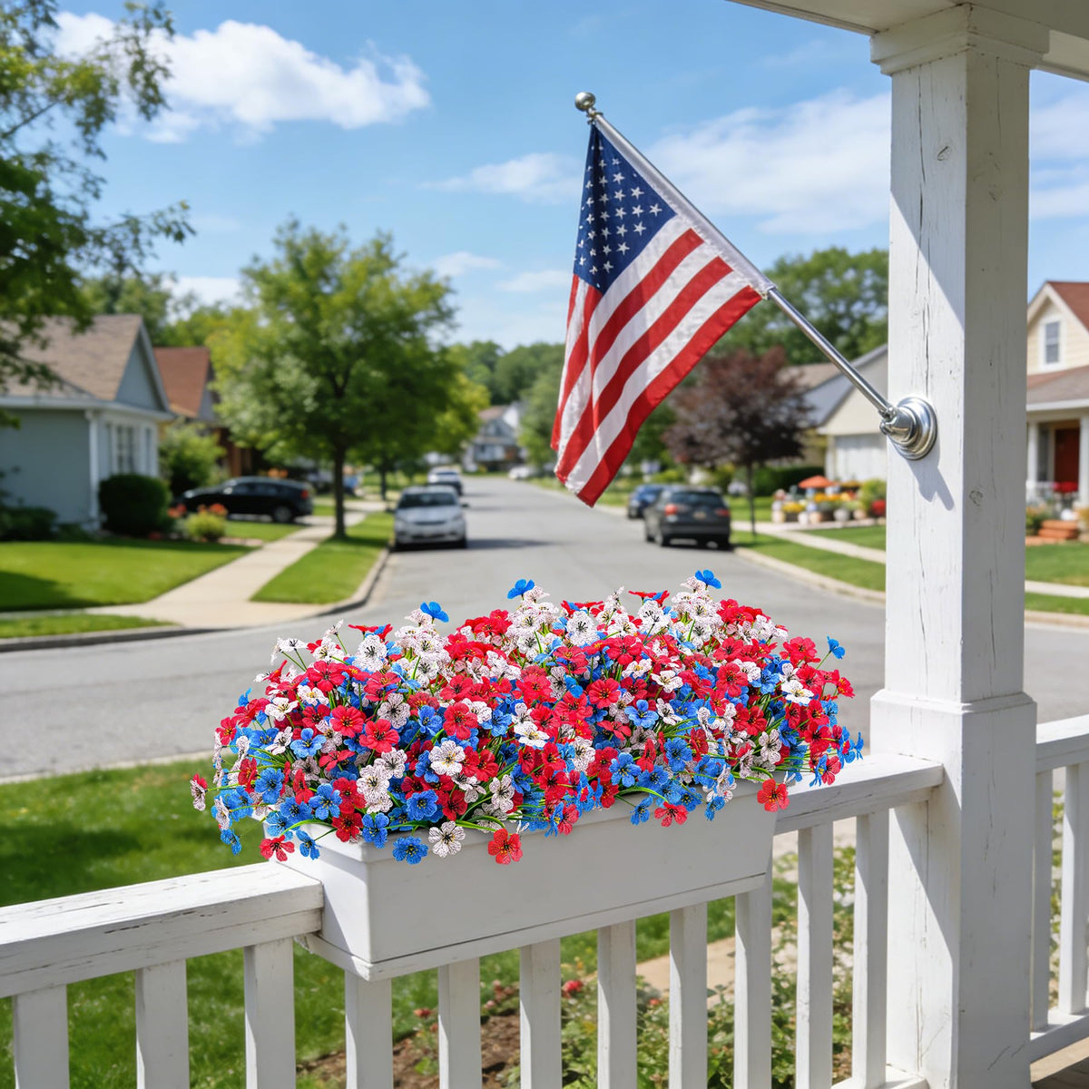 Ammyoo outdoor porch arrangement demonstrates year‑round greenery without upkeep.