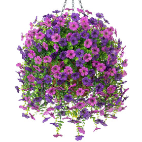 Ammyoo Purple Lotus hanging flowers in a basket for outdoor decor, UV resistant.