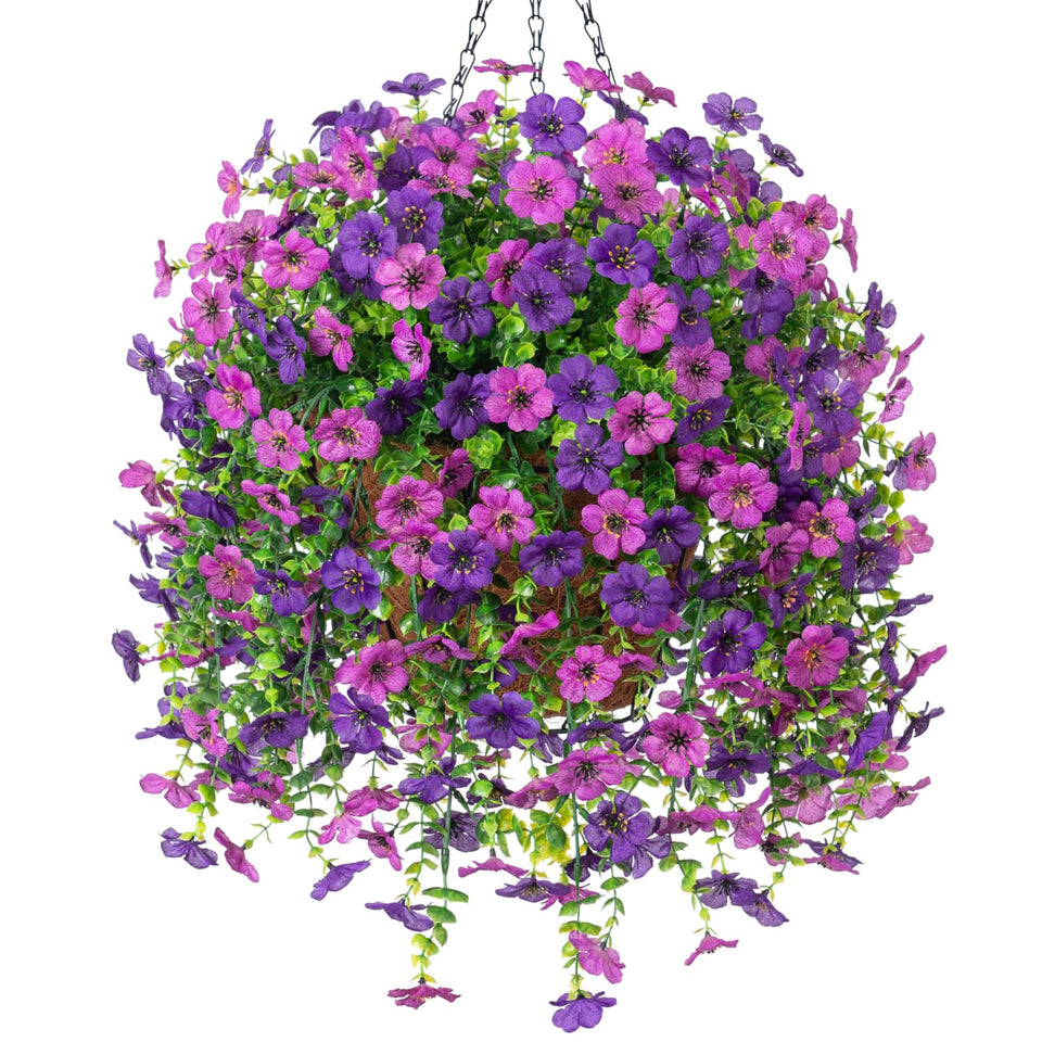 Ammyoo Purple Lotus hanging flowers in a basket for outdoor decor, UV resistant.
