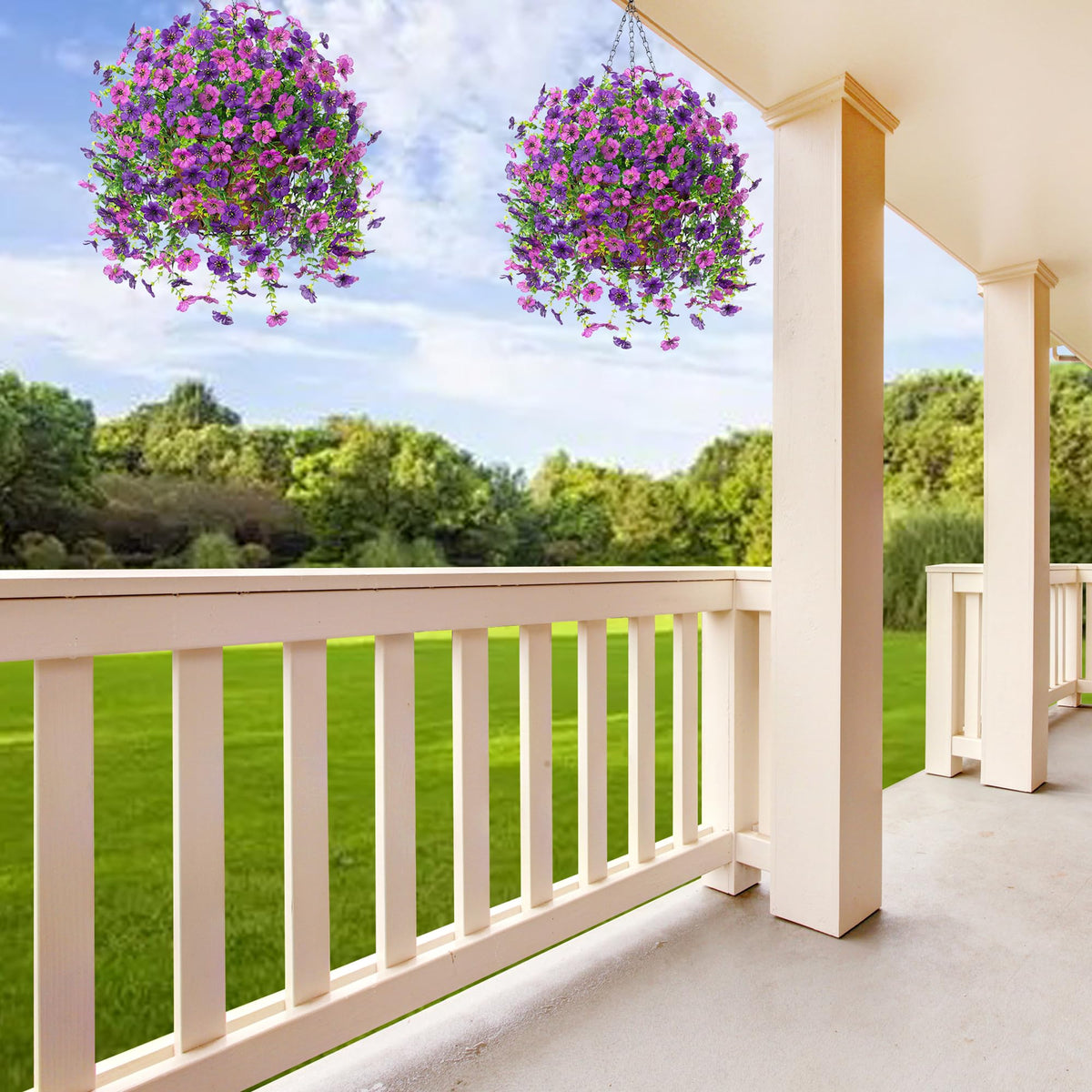 Ammyoo UV-resistant hanging flowers in basket for outdoor use.