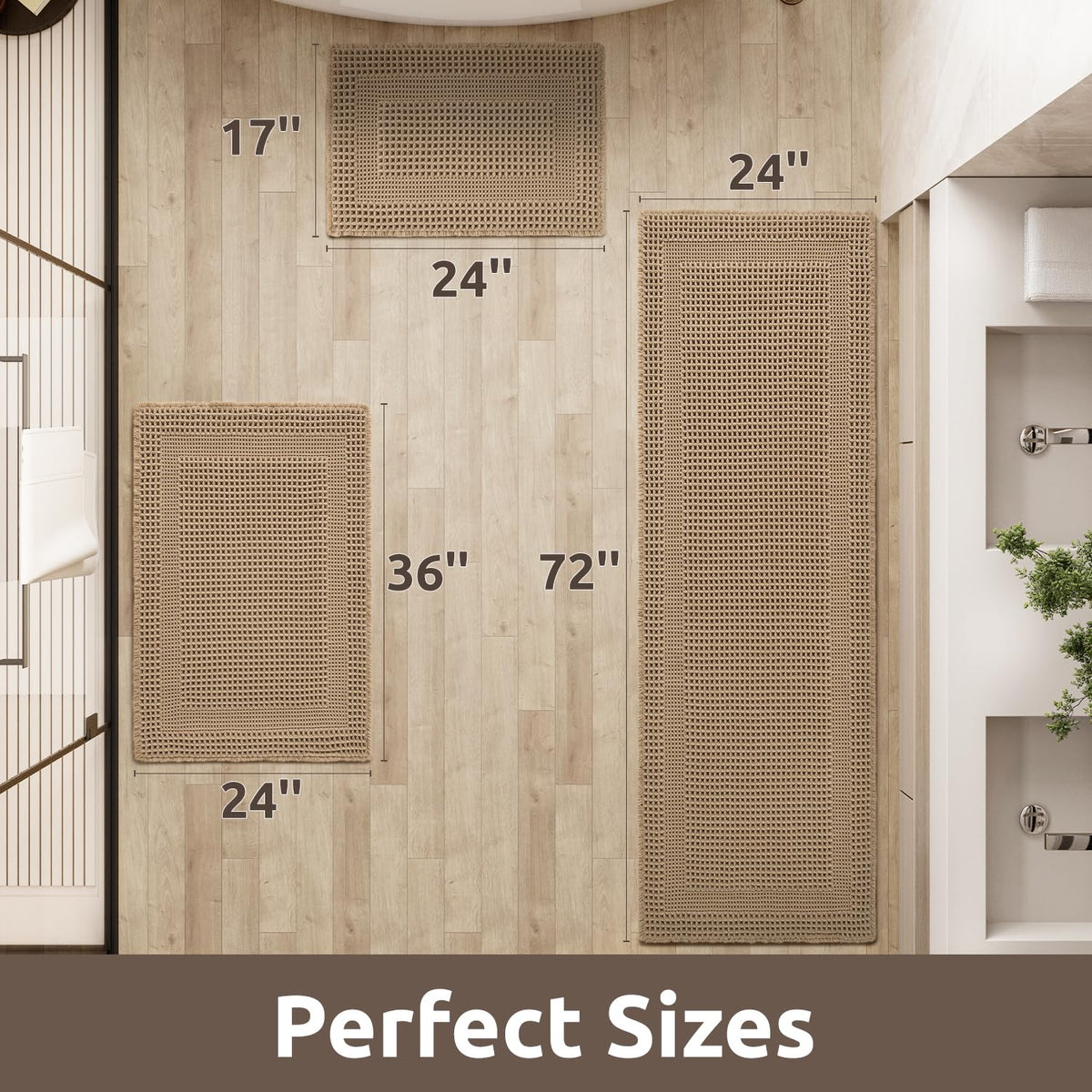 AMOAMI beige bath mat on floor demonstrates soft comfort after showers.