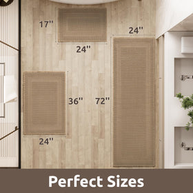 AMOAMI beige bath mat on floor demonstrates soft comfort after showers.