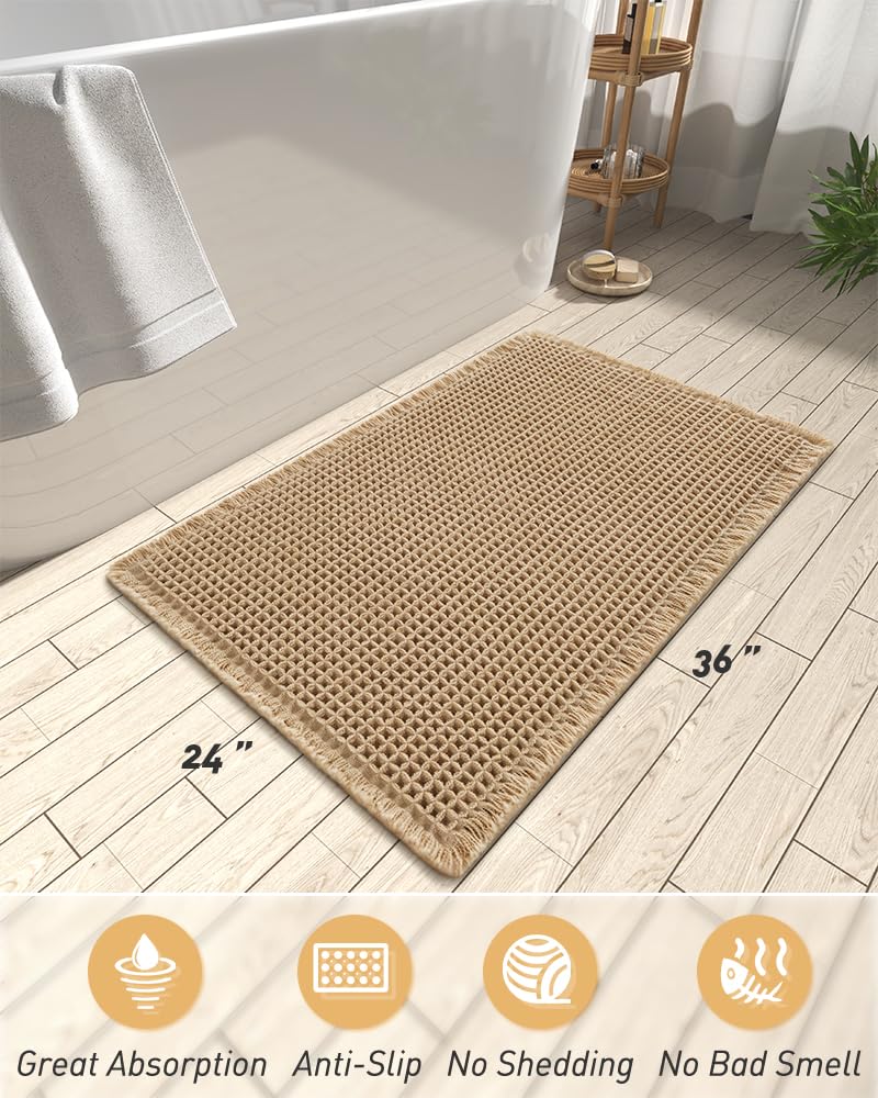 AMOAMI brown 24x36 inch bath mat with tassels enhances decor.