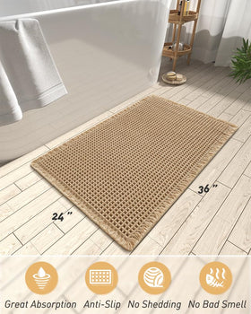 AMOAMI brown 24x36 inch bath mat with tassels enhances decor.