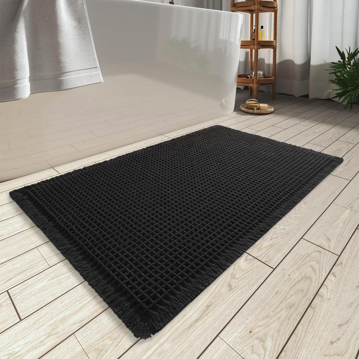 AMOAMI Upgraded Waffle Bath Mat close-up highlights dense weave for lasting durability.