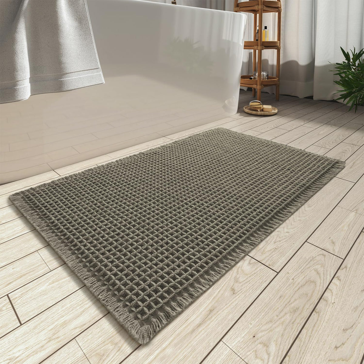 AMOAMI Upgraded Waffle Bath Mat texture closeup showing durable waffle weave