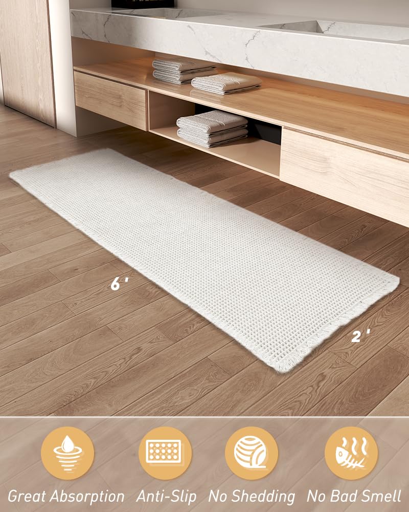 AMOAMI Upgraded Waffle Runner Bath Mat absorption close up highlights quick drying and floor protection.