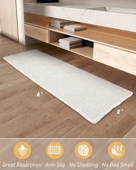 AMOAMI Upgraded Waffle Runner Bath Mat absorption close up highlights quick drying and floor protection.