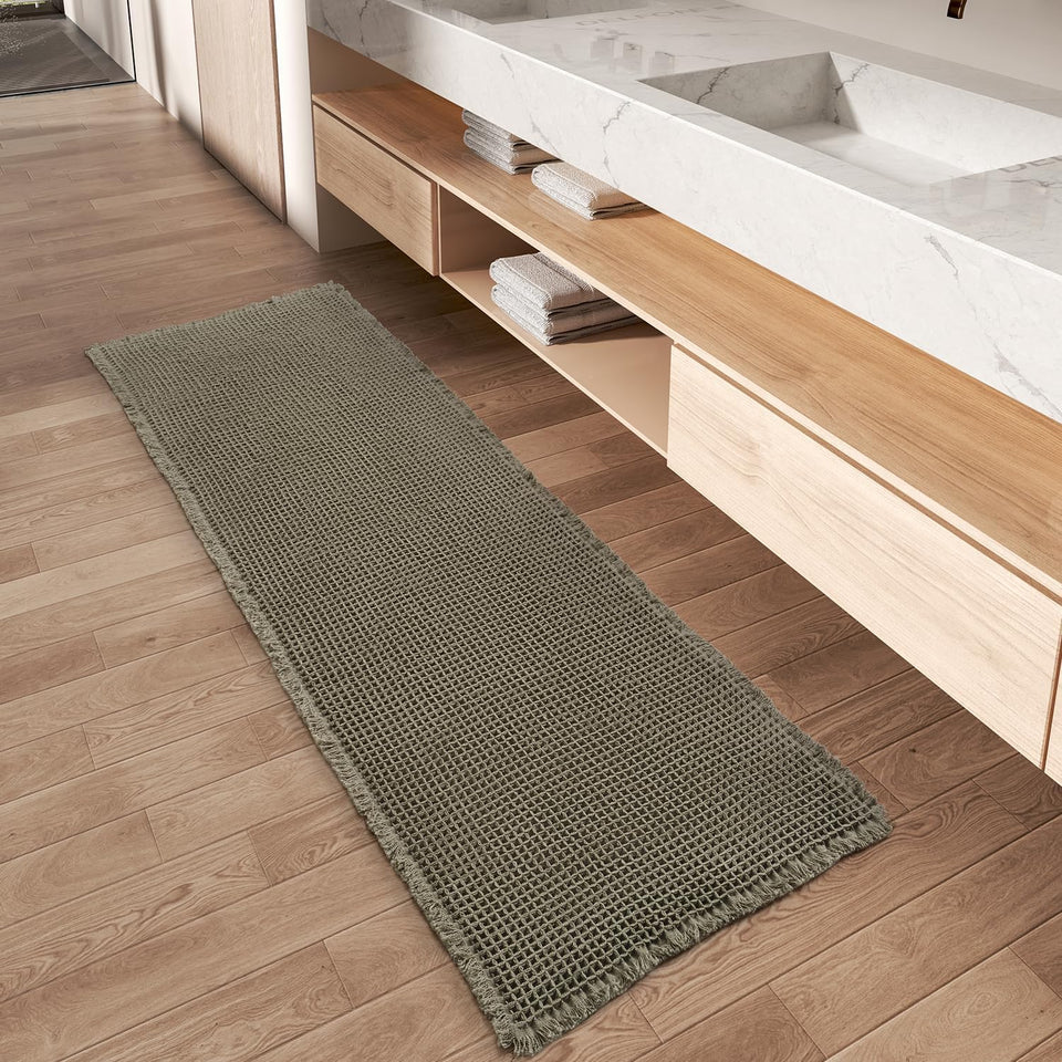 AMOAMI waffle runner rug in green absorbs moisture for dry floors