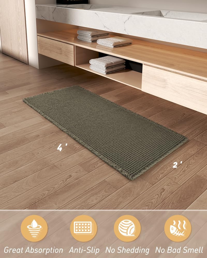 AMOAMI green waffle runner rug fits bathrooms, hallways, bedrooms