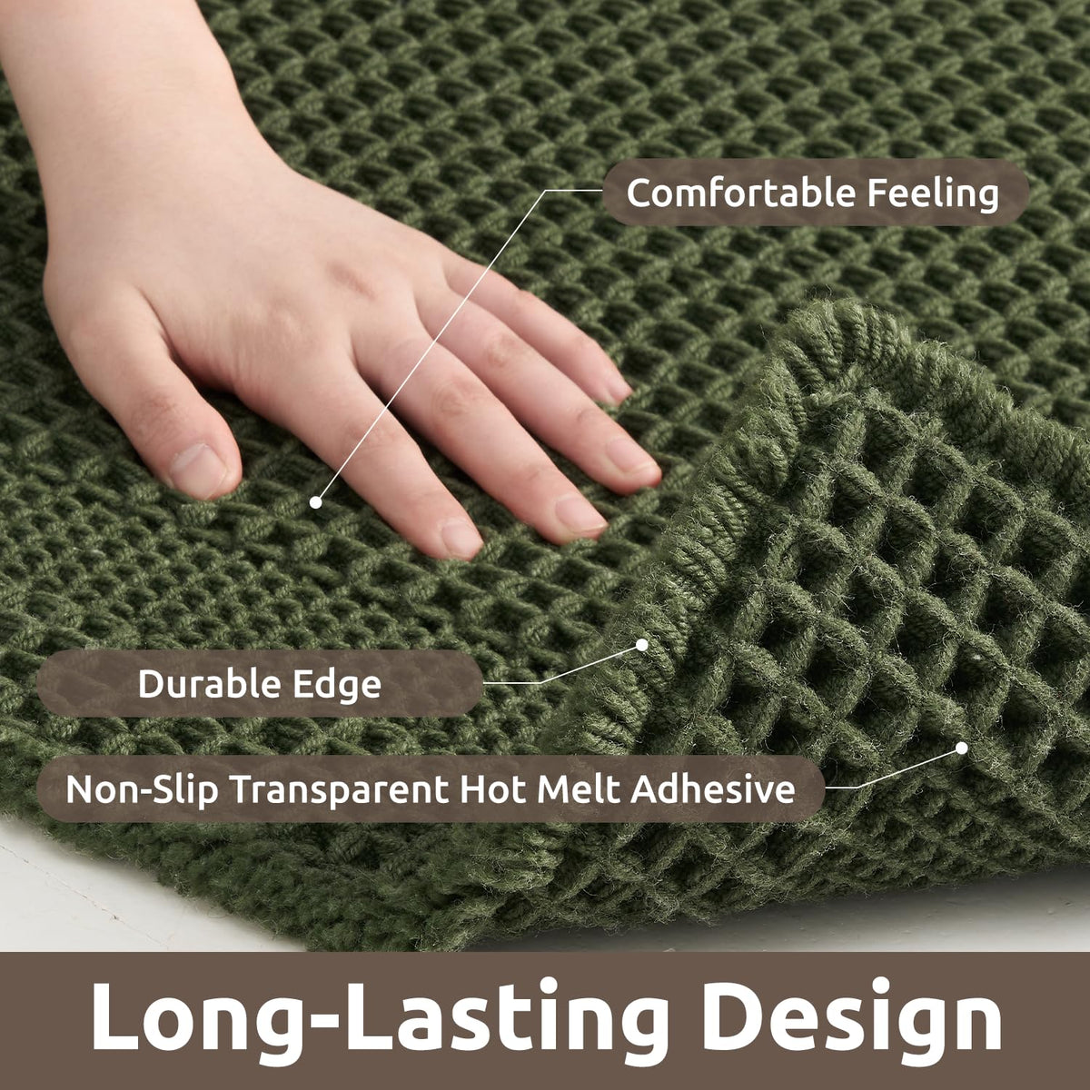 AMOAMI waffle bath mat in dark green color complements bathroom decor.