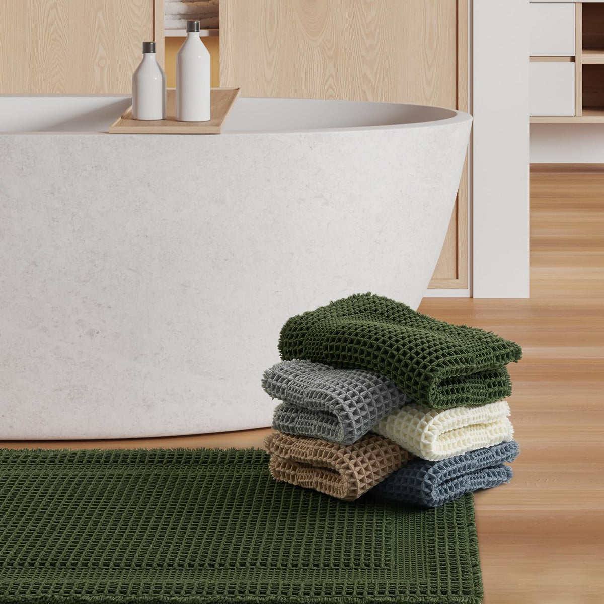 AMOAMI waffle bath mat soft underfoot after shower.