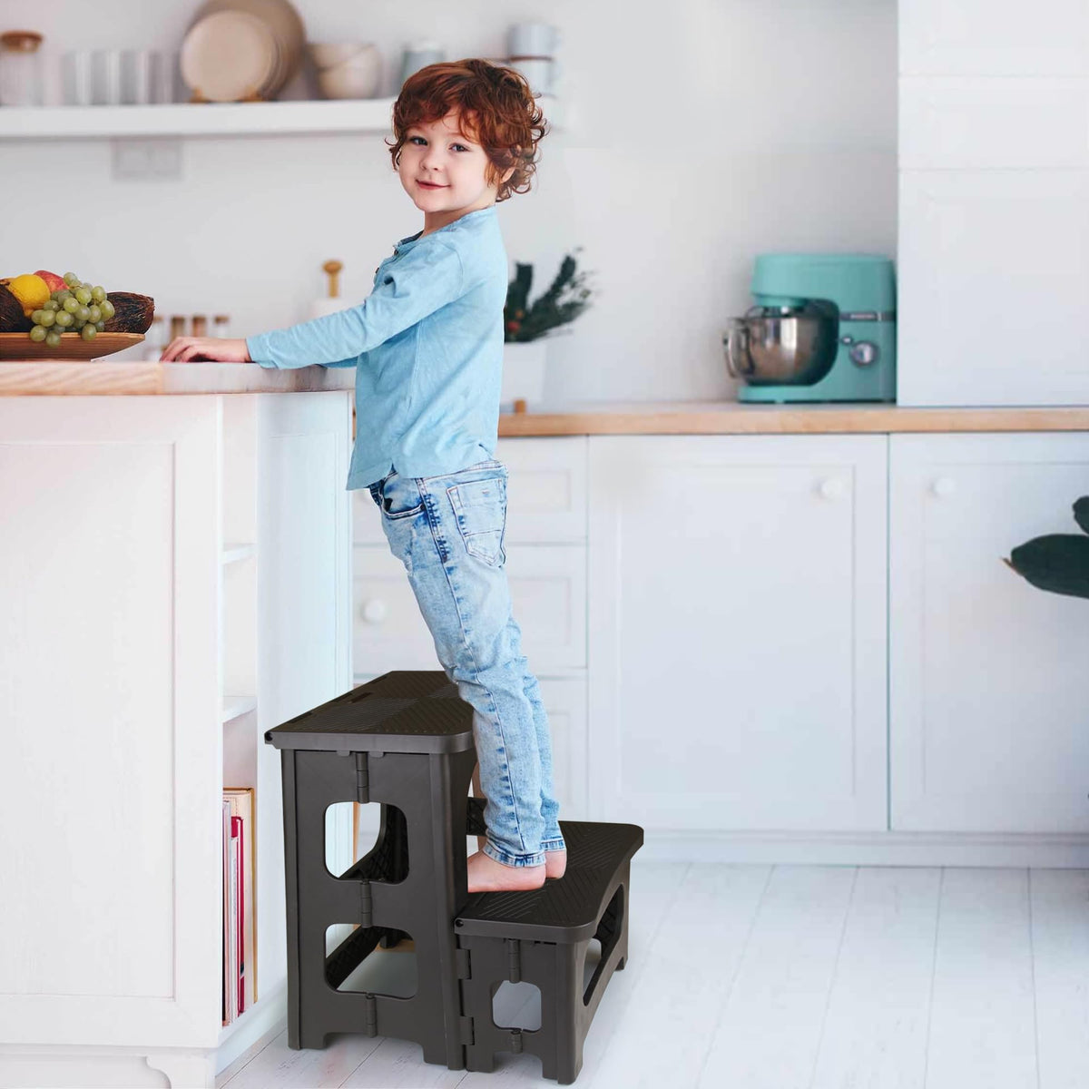 AMOISE 2-step folding stool opened to 8-inch height for quick reach