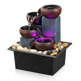 AMOOTEK tabletop fountain four-level waterfall with LED lights for calm workspaces.