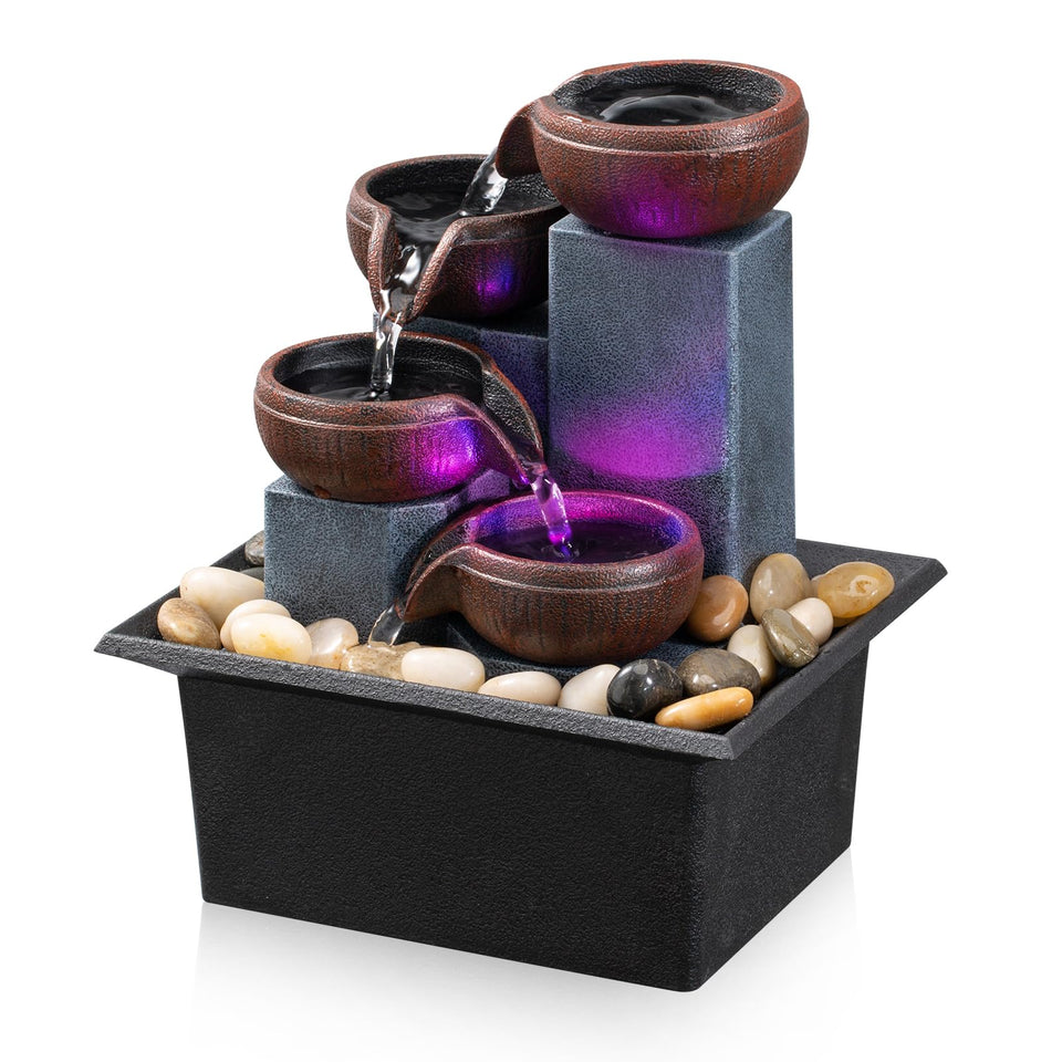 AMOOTEK tabletop fountain four-level waterfall with LED lights for calm workspaces.