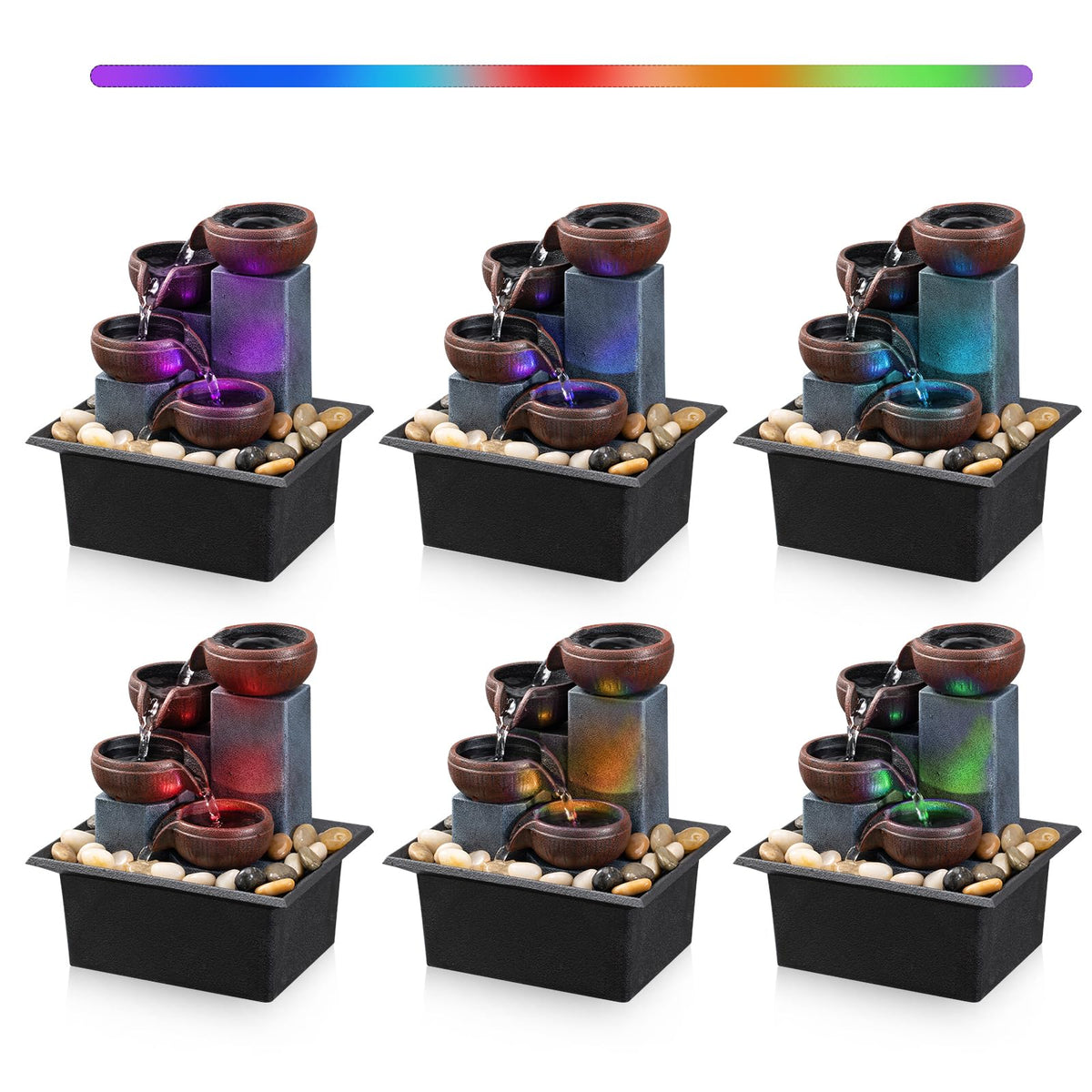 AMOOTEK tabletop fountain showing LED lighting for ambient evenings.