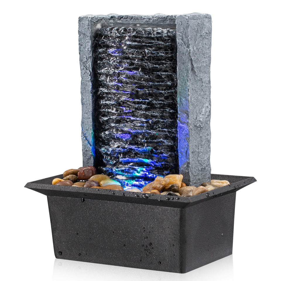 AMOOTEK Tabletop Fountain with LED lights enhances ambience on any desk.