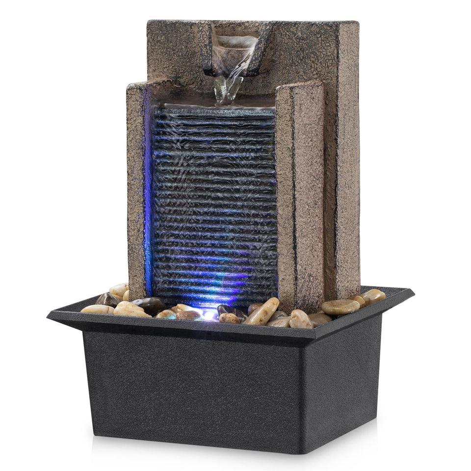 AMOOTEK tabletop fountain showcasing a relaxing waterfall for a calm desk setup.