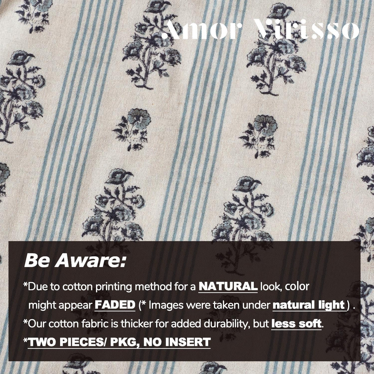 Amor Virisso block print floral stripe design complements neutral decor.