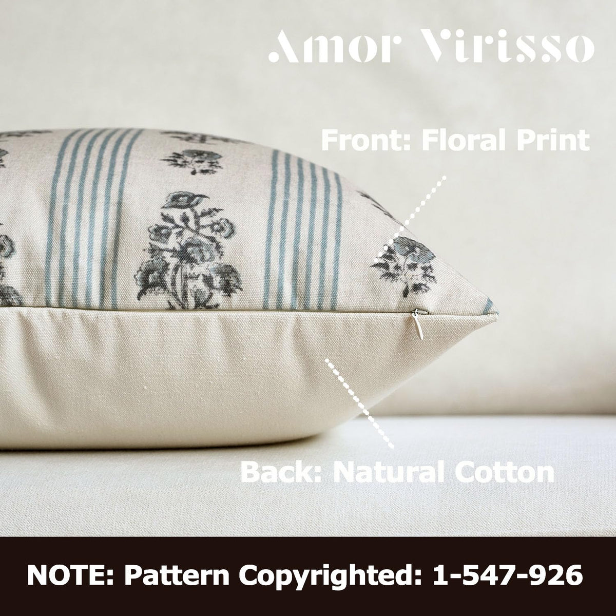 Amor Virisso floral back view pillow cover shows plain cotton backing for contrast.