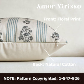 Amor Virisso floral back view pillow cover shows plain cotton backing for contrast.