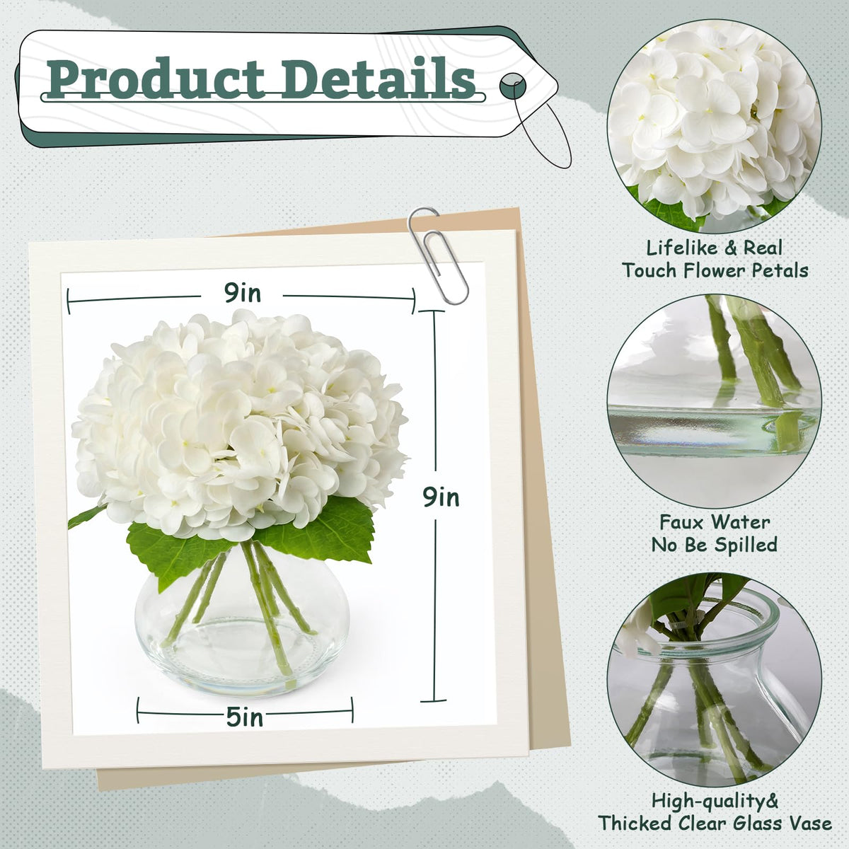 AMORISE Real Touch Hydrangea in vase arrangement highlights compact 9x9 inch presence