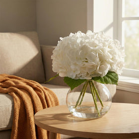 AMORISE Real Touch Hydrangea in vase packaging emphasizes secure transit and no assembly