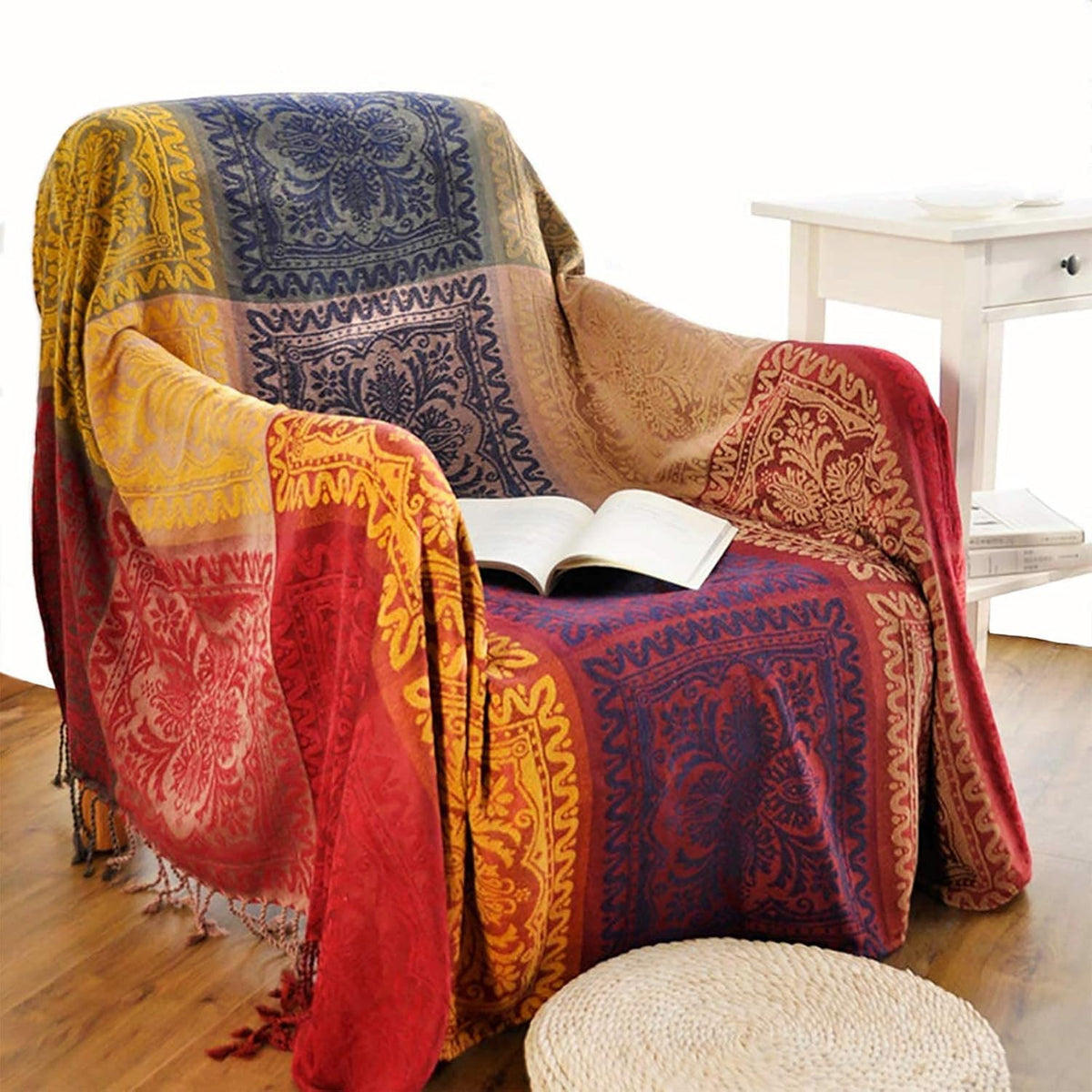 Amorus bohemian chenille throw blanket with tassels adds warm color to living room