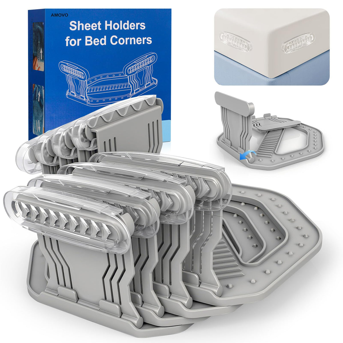 AMOVO foldable corner sheet holder design secures sheets.