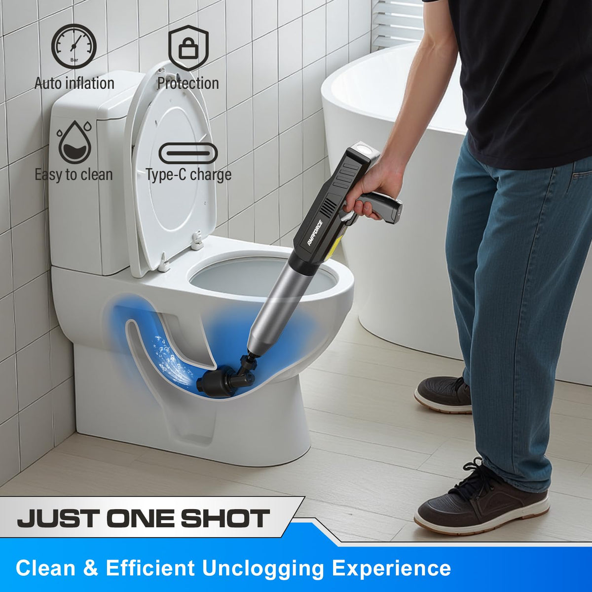 AMPFORCE 120-degree anti-splash head seals pipes to reduce splashes.