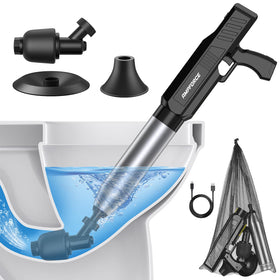 AMPFORCE electric toilet plunger in use for powerful unclogging.