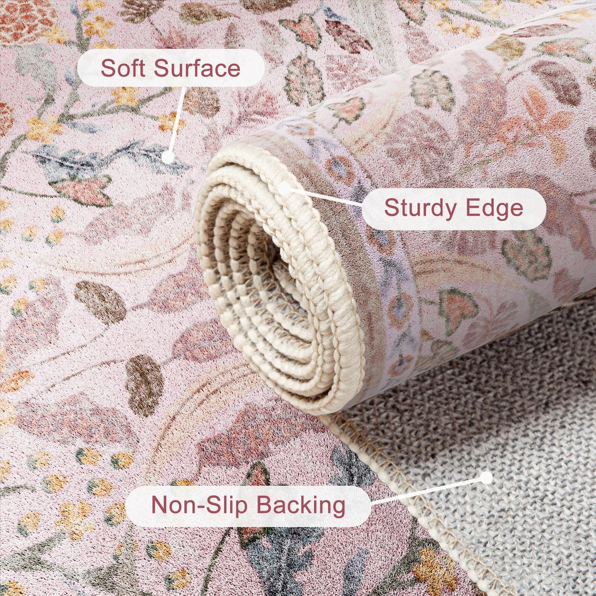 AMTOVO floral rug in bedroom setup adds warm atmosphere.