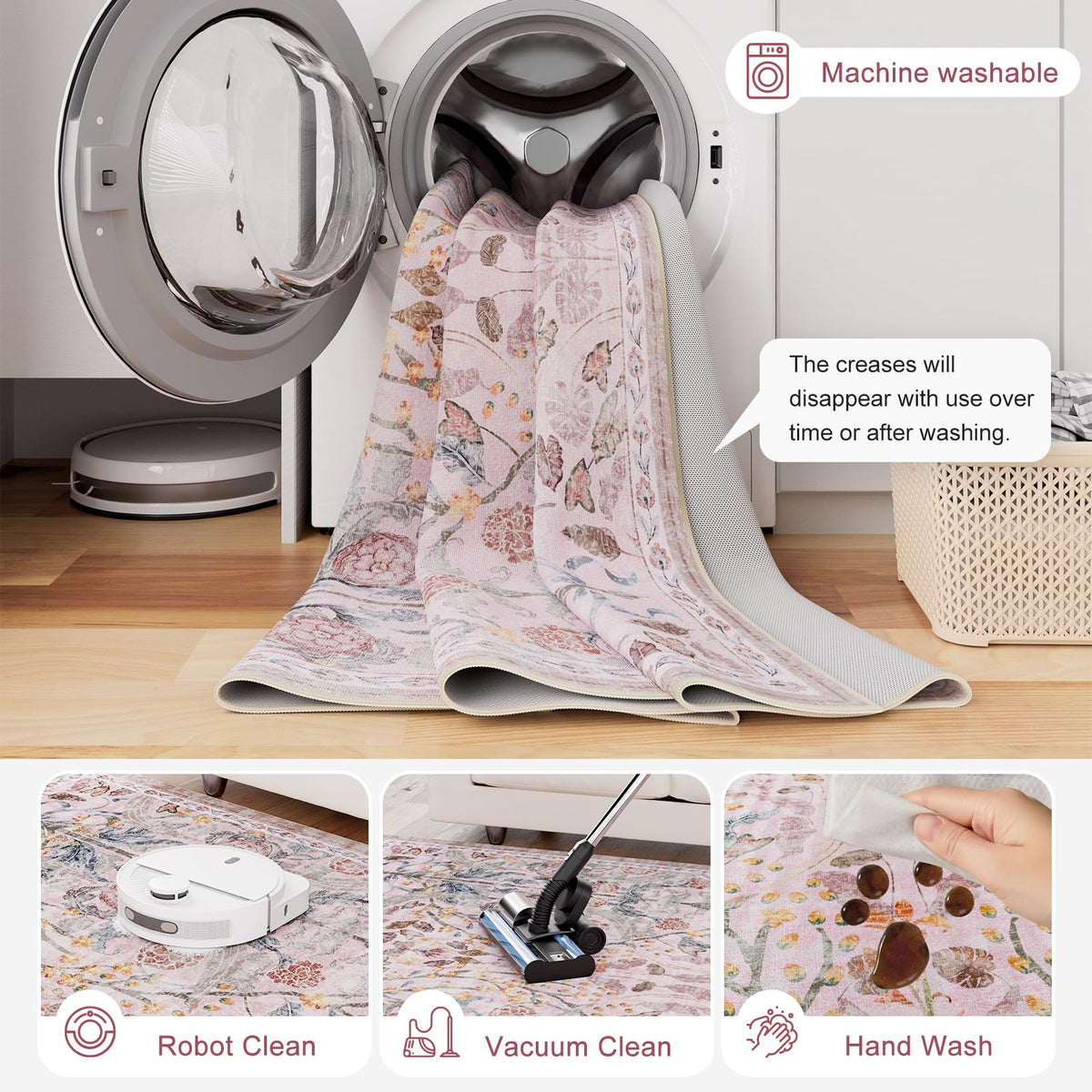 AMTOVO floral rug dining area ready for easy cleaning spills.