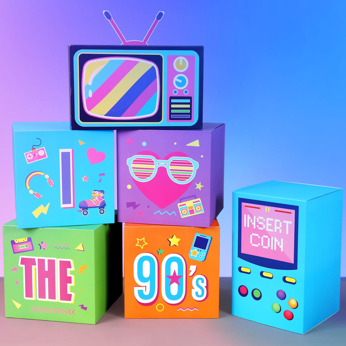 Amyhill 6 Pcs Large 90s party decorations in vibrant colors for retro ambiance.