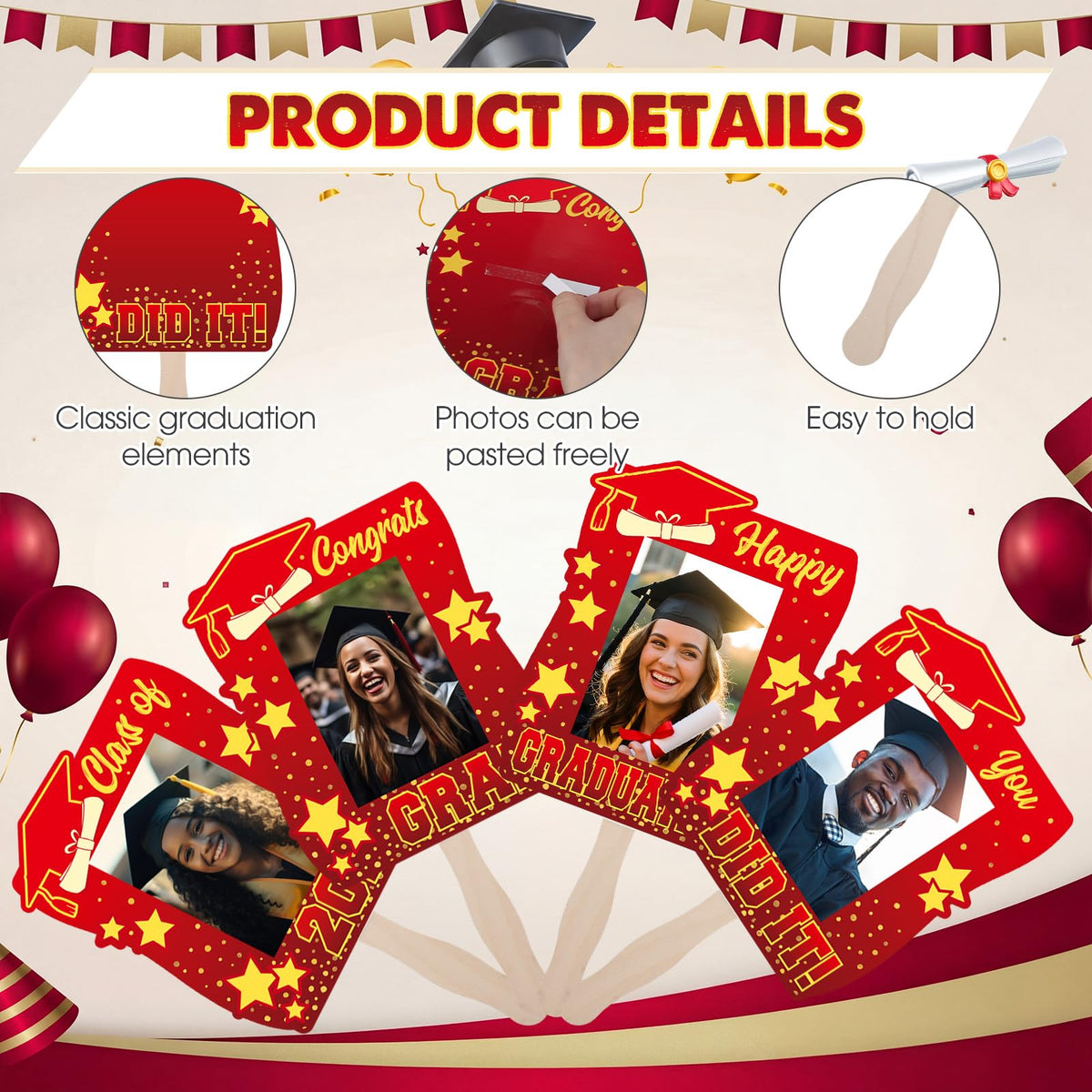Amyhill graduation fans include double-sided tape for easy photo attachment