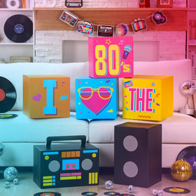 Amyhill multi-color party boxes showcase bold 80s design.