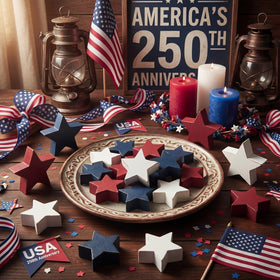 Amyhill patriotic wooden star set enhances tiered trays with festive Americana charm.
