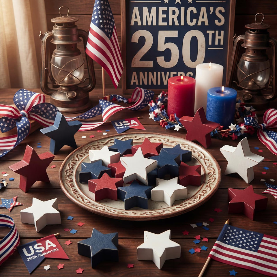 Amyhill patriotic wooden star set enhances tiered trays with festive Americana charm.