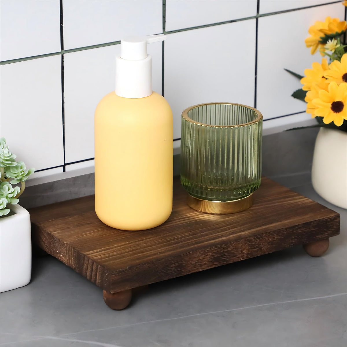 Amyhill wood pedestal stand dark brown finish adds farmhouse charm to any space.