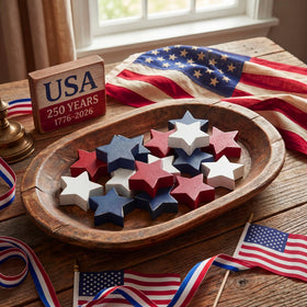 Amyhill wooden star red white blue closeup adds rustic farmhouse vibe.