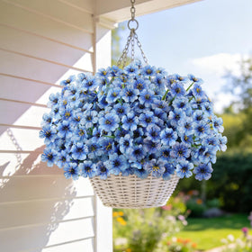 AmyHomie blue silk-like artificial flowers add vibrant color to planters.